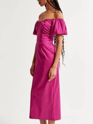 NWT Abercrombie & Fitch fuchsia off-Shoulder Puff Sleeve Midi Dress in Hot pink thumbnail 3