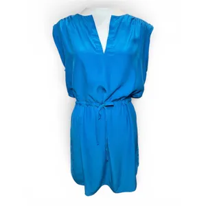 Amanda Uprichard‎ Silk Shift Dress L Blue Split Neck Tie Waist thumbnail 2