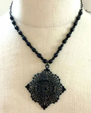 Avon Vintage Black Filigree Statement Necklace Gothic Lace Pendant thumbnail 1