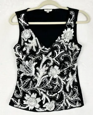 Vintage Cache Sequins Beaded Tank Top Size Small Y2K Black Mesh Whimsigoth thumbnail 1