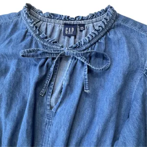 Gap Denim Dress Womens XXL Blue Cotton Ruffle Neck Tie Smocked Waist Long Sleeve thumbnail 3