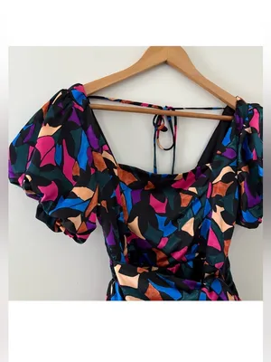Show Me Your Mumu Danielle Mini Dress Geometric Multicolored Puff Sleeve Size M thumbnail 6
