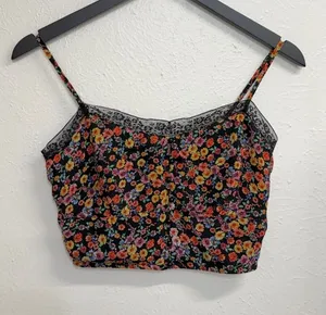 Papaya Floral Black Lace Trim Cami Crop Top Womens Small thumbnail 1