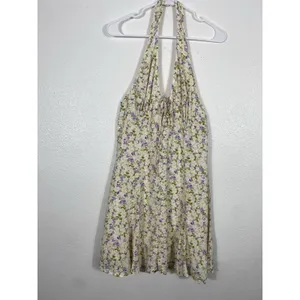 Maeve by Anthropologie Cream Halter Mini Dress with Lavender Floral 100% Viscose thumbnail 5