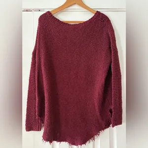 Free People‎ Burgundy Cross My Heart Cable Knit Sweater Raw Edges Size EUC thumbnail 2