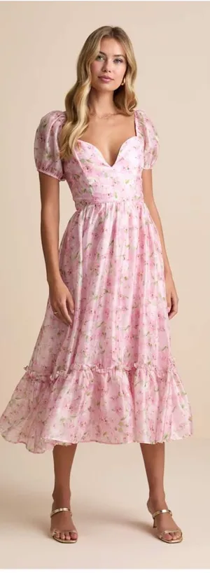 Lulus Sincerely Wondrous Pink Floral Puff Sleeve Tiered Midi Dress Size XL NWT thumbnail 1