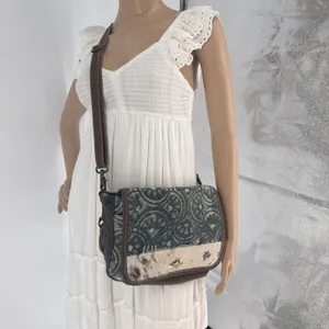 Myra Bag Canvas Cowhide Rug Tapestry Crossbody‎ Bag Teal Brown S-1250 thumbnail 6