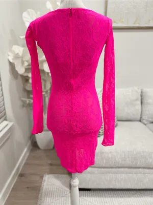 Skims Stretch Lace Lined Hot Pink Long-Sleeve Woman’s Mini Dress Size Small thumbnail 5
