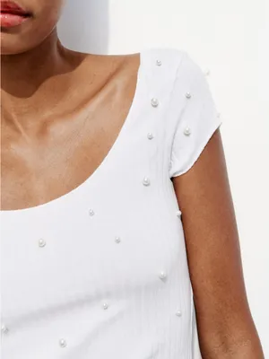 Zara NWT Pearl White Scoop Neck Ribbed Top Pearl Embellishments thumbnail 4