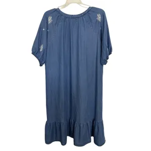 Anthropologie Kindred Chambray Embroidered Denim Mini Dress S Ruffle Hem Prairie thumbnail 2