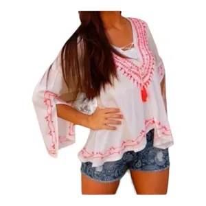 VINTAGE HAVANA WHITE AND NEON PINK EMBROIDERED GYPSY TUNIC TOP size M thumbnail 6