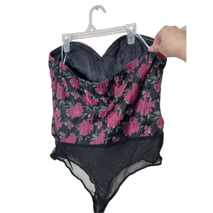 Lulus Black Floral Print‎ Organza Strapless Bodysuit Size Large NWT thumbnail 4