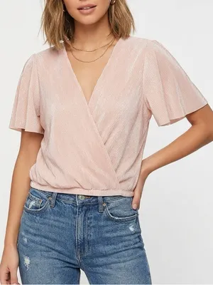 ASTR the Label Plisse Metallic Flutter Sleeve Surplice Wrap Blouse Rose Gold XL thumbnail 10