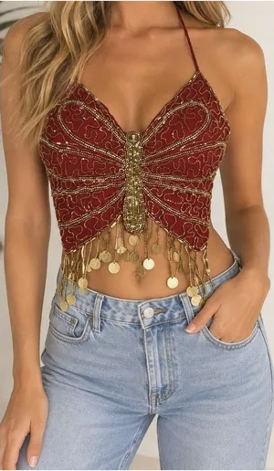 Y2K Beaded Butterfly Halter Top Red Gold Coin Fringe Festival Rave Fairycore S/M thumbnail 1