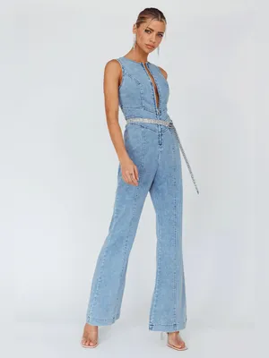 $98 NWT Selfie Leslie x ANGEL BIBA Teigan Heart Back Sleeveless Jumpsuit Denim thumbnail 3