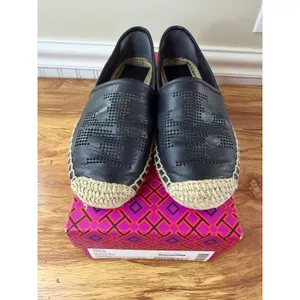 Tory Burch Black Perforated Logo Nappa Leather Espadrille Flats Size 6.5 thumbnail 2