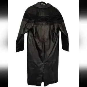 Vintage Black Leather Long Coat Size M petite thumbnail 2