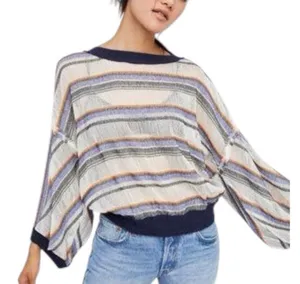 Free People Oversized Striped Boatneck Sweater Slightly Sheer Navy Blue Large thumbnail 1