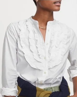 J Crew Band Collar Ruffle Button Up Shirt Size S White Preppy Office Career thumbnail 1