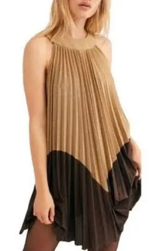 Free People Pleated Love Metallic Mini Dress Gold Brown Large‎ NWT thumbnail 1