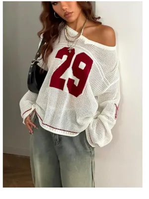 Y2k Graphic Oversized Crochet Jersey Shirt V Neck Long Sleeve Knit Pullover S thumbnail 3