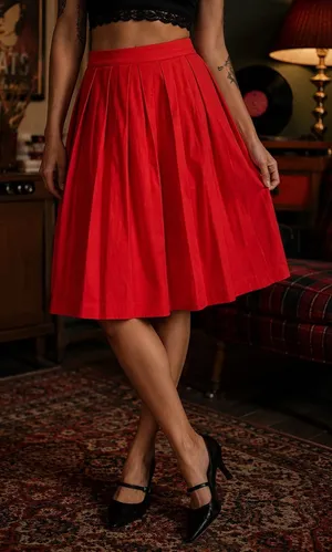 Coral Red Pleated Midi Skirt A Line Full Swing Retro Feminine Pockets L NWT thumbnail 1