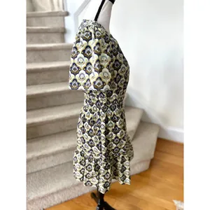 Anthropologie Milkmaid Puff Sleeve Navy Cream Yellow Mosaic Block Print Dress thumbnail 3