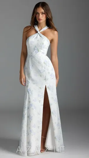 Azazie Rue Blue Vintage Floral A-Line Halter Chiffon thumbnail 1