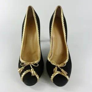 J. Crew Vintage Isabella Black Suede Gold Trim Peep Toe Heels Shoes Women 8.5 thumbnail 4