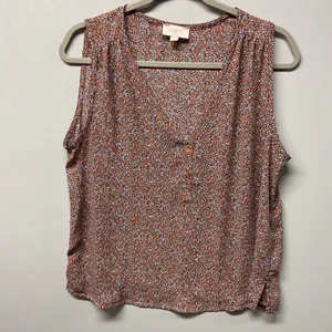 LOFT Women Sleeveless Blouse Orange Blue Ditsy Floral Split Neck Top Size Medium thumbnail 2