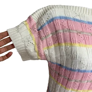Keneth too! Vtg 80s‎ Knit Top Pastel Striped Pointelle Retro Grandma Cottage S thumbnail 2