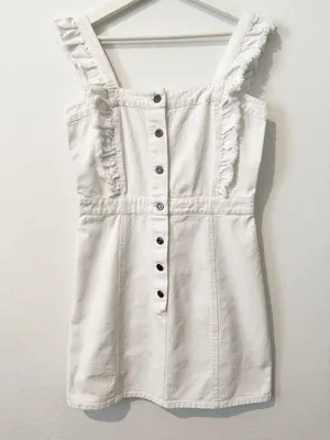 Elan Dress Size Medium White Denim Ruffle Frayed Button‎ Front Coastal Cowgirl thumbnail 3