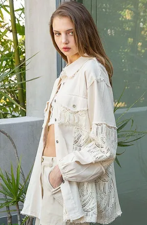 POL Cream Lace Detail Button-Up Top thumbnail 6