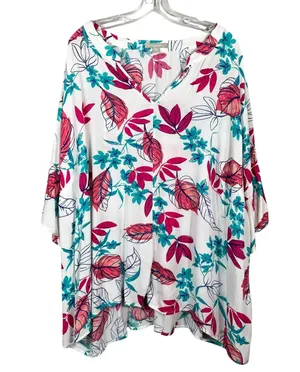 Woman Within White Pink Floral Relaxed Fit Ruffle Sleeve Plus Size Top Blouse 1X thumbnail 1