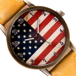 American Flag Watch w/‎ Yellow Wrist Strap - Faux Leather, Patriot USA Quartz thumbnail 4