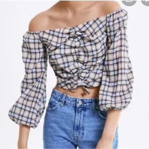 Zara Women's M Blue Cream‎ Plaid Ruched Chic Cottagecore 3/4 Sleeve Blouse thumbnail 1