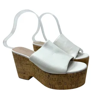 RAYE White Leather Cork Platform Sandals Chunky Block Heel Womens Size 7.5 thumbnail 1