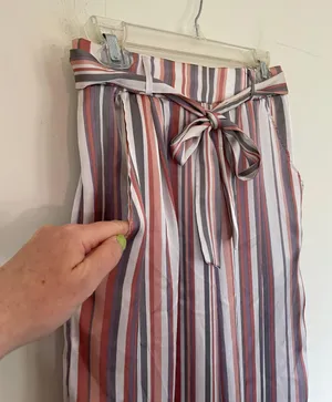 satin striped pants elastic waist belted pink grey women’s size M thumbnail 3
