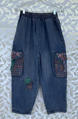 Retro Floral Embroidered Denim Cargo Jeans Antique Purplish Wash Small thumbnail 1