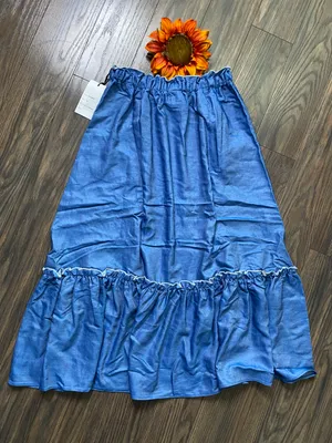 Unique Vintage NWT 1970s Chambray Ruffle Tiered Midi Skirt X-SMALL thumbnail 9
