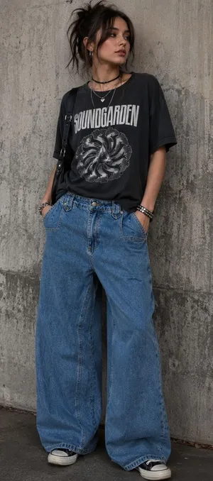 Y2K Baggy Large 34 Jeans Wide Leg High Waisted Blue Medium Wash Grunge Punk 90s thumbnail 1