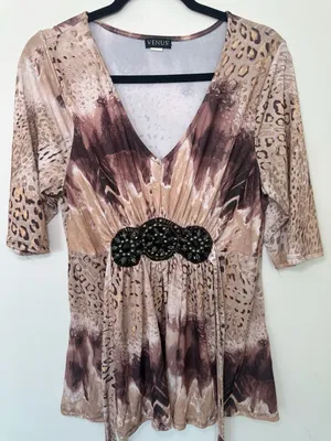 Venus Leopard Print Tunic Top Size XL Beaded Embellished V-Neck thumbnail 2