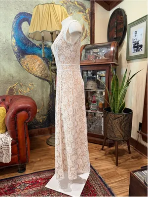 White Lace Overlay Maxi Dress V-Neck Nude Lining Resort Vacation Formal Boho M thumbnail 4