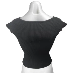 Peppermayo Black Rib Knit Short Flutter Sleeve Slim Fit Crop Sweater Top Sz S/M thumbnail 2