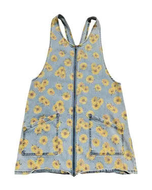 SO Sunflower Denim Pinafore Dress Womens L Blue Floral Zip Jumper Excellent thumbnail 1