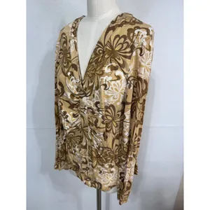 New York & Company Large Brown Floral Top Women's Long Sleeve Ruched‎ V-Neck thumbnail 4