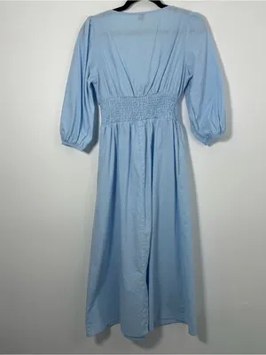 SHEIN Women’s Blue Tie Front Smocked Waist Midi Dress Size Medium 100% Cotton thumbnail 3