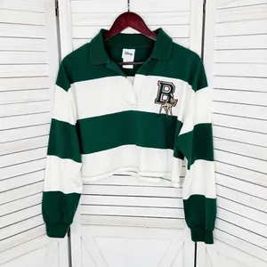 Disney Bambi Y2K Rugby Stripe‎ Cropped Polo Shirt Green White Small Long Sleeve thumbnail 8