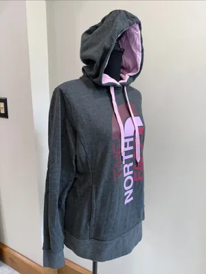 The North Face Hoodie Womens Medium Gray Purple Pullover Pockets Vertical Logo M thumbnail 2