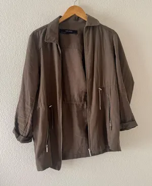 ZARA Army Green Cinch Waist military Coat jacket thumbnail 1